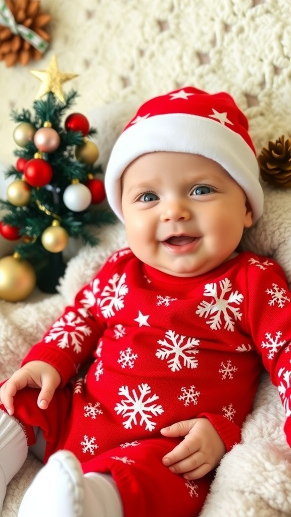 A baby boy in a red Christmas onesie with snowflakes, smiling on a blanket with holiday decorations.
